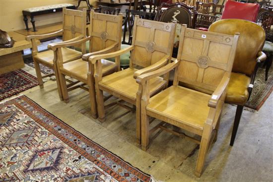 4 oak Arts & Crafts eclastical elbow chairs